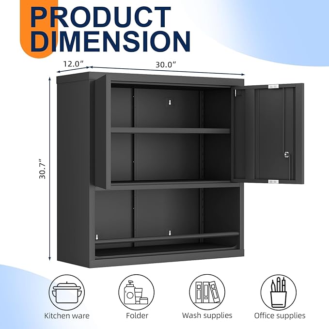 Garage Storage Cabinets,Metal Wall Cabinet with Doors and Shelves,Locking Storage Cabinet for Workshop,Warehouse,Home Office,Black