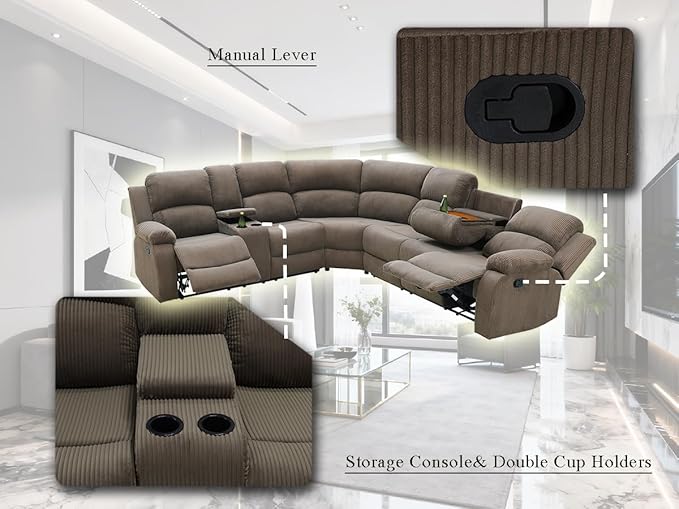 5PCS Brown Reclining Sectional Sofa Set with 2 Recliner Chairs, Living Room Furniture Sets, Corduroy Reclining Couch with 5 Recliner Seats, Drop-Down Table, Cup Holders for Living Room