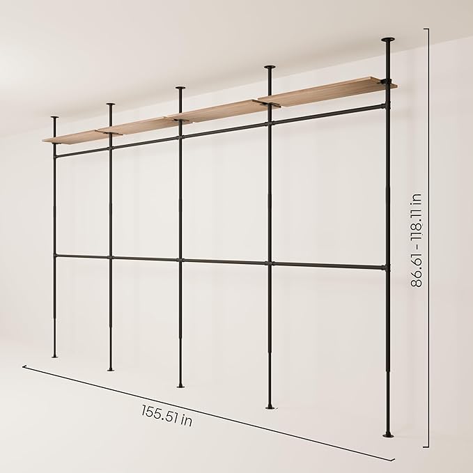 pamo Industrial Pipe Clothing Rack with Shelf - 660 lbs Capacity - Clamping Clothes Rack and Walk In Closet with Oak Shelf for Wardrobe