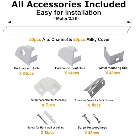 hunhun 20-Pack 3.3ft/1Meter V Shape LED Aluminum Channel System with Milky Cover, End Caps and Mounting Clips, Aluminum Profile for LED Strip Light Installations, Very Easy Installation