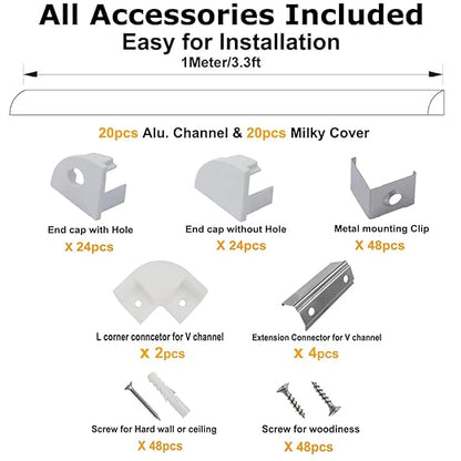hunhun 20-Pack 3.3ft/1Meter V Shape LED Aluminum Channel System with Milky Cover, End Caps and Mounting Clips, Aluminum Profile for LED Strip Light Installations, Very Easy Installation