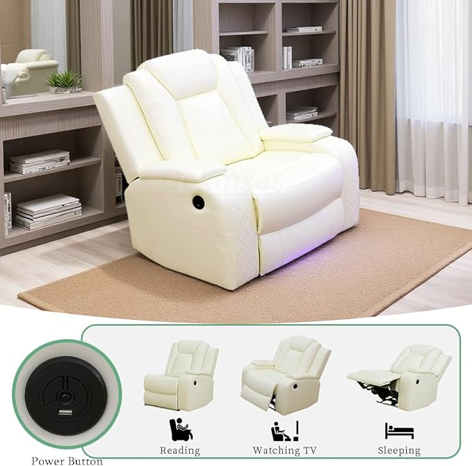 Modern Power Reclining Chair Set, Ivory White Breathing Leather Sofa Couches, Living Room Sofa Sets Power Recliner Sofa Set with LED Light for Living Room & Apartment & Home & RV