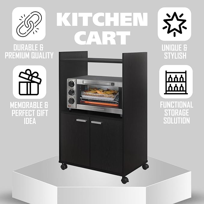 Kings Brand Furniture Ayla Microwave Cabinet with Storage and Upper Shelf for Kitchen Appliances - 2 Door Cabinet Kitchen Storage Cart - Wood Kitchen Cart with Lockable Castors Wheels – Black