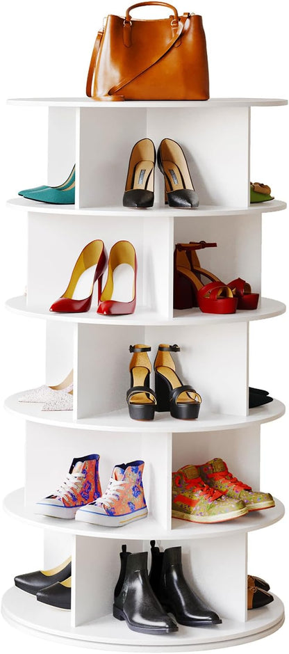 SpaceAid Cross Style 5-Tier Rotating Shoe Organizer, Spinning Shoe Rack Tower, 360 Display Lazy Susan Storage, Handbag Rotate Tower Closet Organization (Modern Style, White)