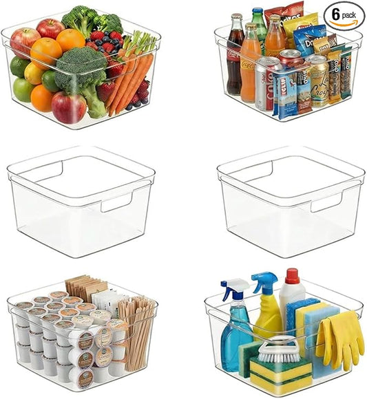 MOONEDGE 6-Pack Clear Plastic Storage Bins — Open-Top PET Storage Containers & Organizers, 10" x 10" x 6" Clear Boxes for Closet, Pantry, Office, Craft, Toy and Refrigerator Organization