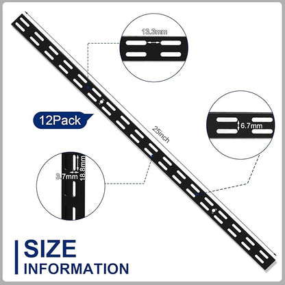 12 Pack 25 Inch Dual Track Upright Wall Shelving System Shelf Bracket Twin Slot Shelf Rail Twin Track Upright Heavy Duty Support System for Pantries, Linen Closets, Laundry Rooms (Black)