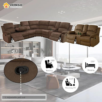 4 Pieces Living Room Furniture Sets, Manual Recliner Sectional Sofa Set with Storage, Brown Corduroy Fabric Sectional Sofa with Cup Holder and Drop-Down Table for Living Room, Office