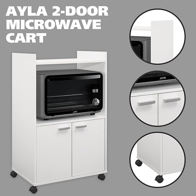 Kings Brand Furniture Ayla Microwave Cabinet with Storage and Upper Shelf for Kitchen Appliances - 2 Door Cabinet Kitchen Storage Cart - Wood Kitchen Cart with Lockable Castors Wheels - White