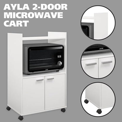 Kings Brand Furniture Ayla Microwave Cabinet with Storage and Upper Shelf for Kitchen Appliances - 2 Door Cabinet Kitchen Storage Cart - Wood Kitchen Cart with Lockable Castors Wheels - White