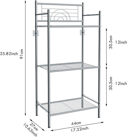 LEEDA 3-Tier Metal Shelving Unit, Sturdy Bathroom Storage Shelf & Free Standing Towel Rack with Adjustable Feet, Open Floor Shelves for Small Space in Bathroom, Kitchen, Office, Silver-Gray