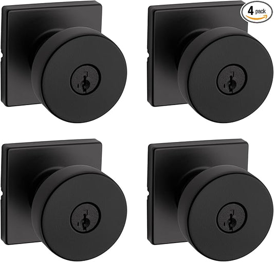Kwikset Pismo Entry Door Knob with Lock and Key, Secure Keyed Handle Exterior, Front Entrance and Bedroom, Matte Black, 4 Pack, Pick Resistant SmartKey Rekey Security and Microban