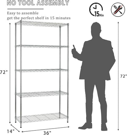 5-Tier Storage Shelves Adjustable Metal Shelf 1200Lbs Capacity NSF Wire Rack Shelving with Adjustable Feet Shelf Unit for Kitchen Garage Basement, 72" H x 36" W x 14" D, Chrome