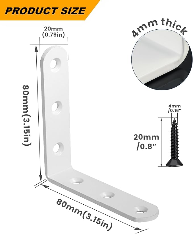 Alise 4 PCS L Brackets Heavy Duty Corner Bracket, 3.2 X3.2 Inch White Floating Shelf Brackets for Shelves, Stainless Steel L Shape Wall Mounting Brackets, Metal L Joint Angle Bracket for Wood Shelving
