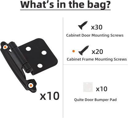 Decobasics 1/2" Overlay Matte Black Cabinet Hinges (5 Pair -10 Pcs) Self Closing Bath & Kitchen Cabinet Hinges Black Flush Mount w/Door Bumpers & Upgraded Screws