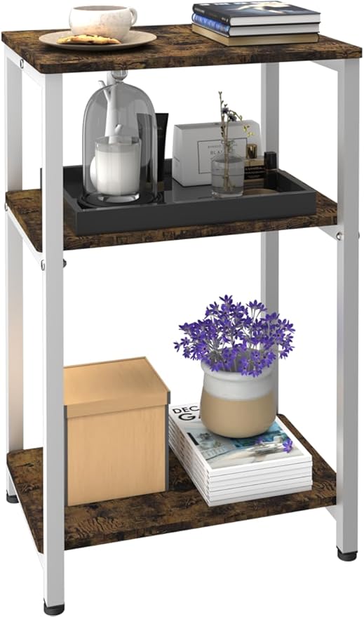 3 Tier Side Table, Heavy Duty End Table with Shelves, Narrow Nightstand Table for Small Spaces, Record Player Table for Bedroom, Living Room, Sofa Couch - Rustic Brown & White