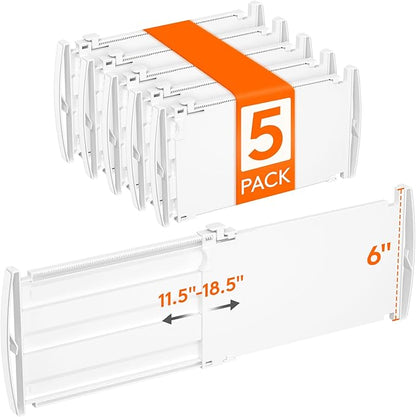 Lifewit 6" High 5 Pack Deep Drawer Dividers, 11.5-18.5" Expandable Clothes Divider for Drawers, Adjustable Dresser Drawer Organizers, White Drawer Separators for Dresser, Kitchen, Clothing