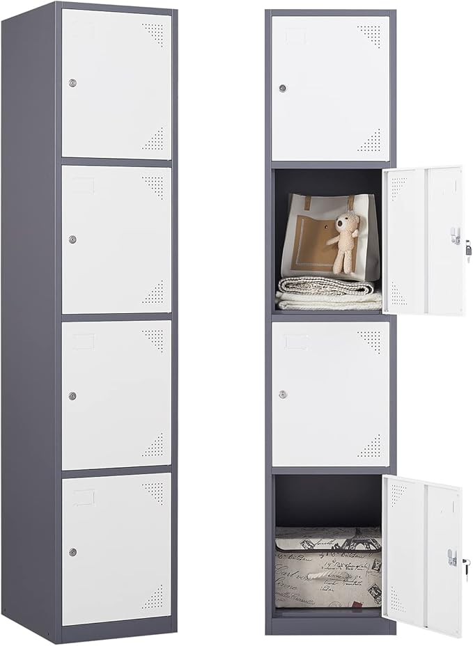 Metal Locker Cabinet with 4 Doors, 71" Storage for Employees, 4 Tier Steel Locker with Lock and Keys for School, Gym, Home, Office Staff (Grey White)