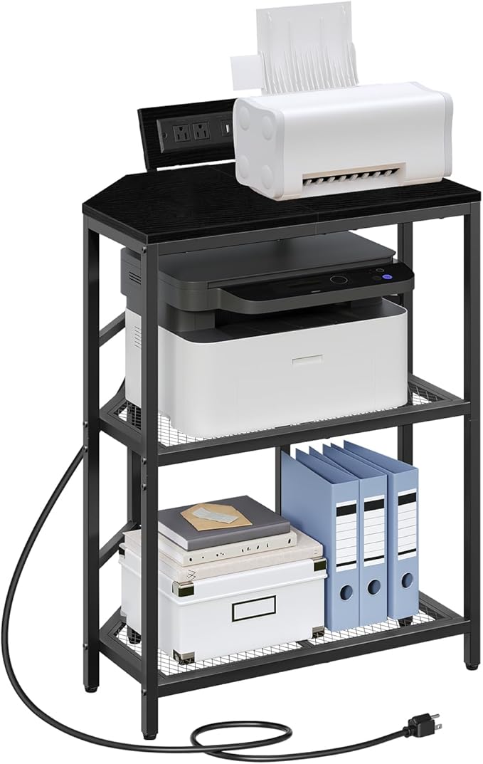 Corner Printer Stand with Charging Station, 3-Tier Large Printer Table with Adjustable Feet, Metal Frame Storage Shelf for Office, Living Room, Small Space, Black PTBK14E01