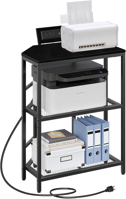 Corner Printer Stand with Charging Station, 3-Tier Large Printer Table with Adjustable Feet, Metal Frame Storage Shelf for Office, Living Room, Small Space, Black PTBK14E01