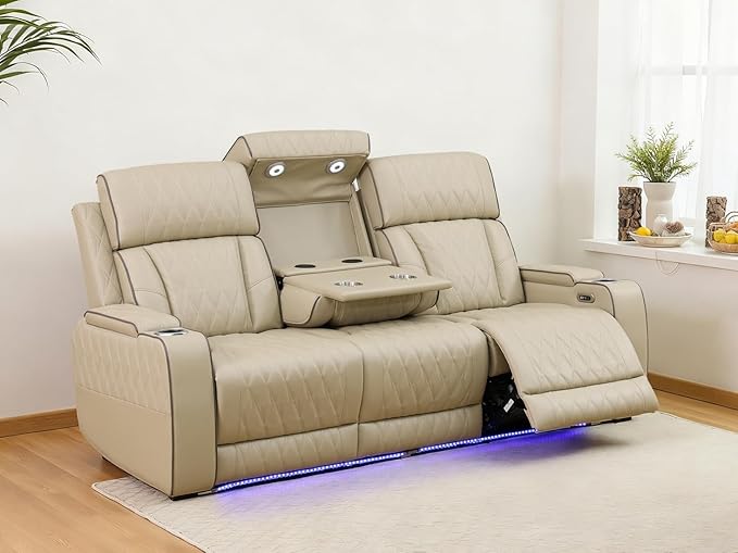 Living Room Furniture Set, Power Reclining Sofa Set, Khaki Leather 3-Seated Recliner Couch with Drop-Down Table, Recliner Sofa with Storage Console/Cup Holder for Living Room/Apt/Office