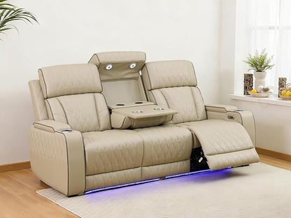 Living Room Furniture Set, Power Reclining Sofa Set, Khaki Leather 3-Seated Recliner Couch with Drop-Down Table, Recliner Sofa with Storage Console/Cup Holder for Living Room/Apt/Office