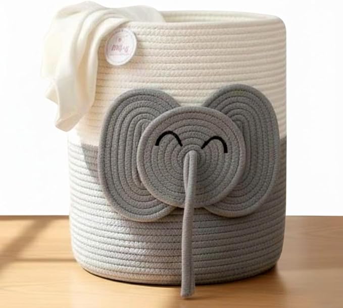 Large Laundry Basket for Kids & Toy Storage Organizer | Woven Cotton Rope Bin for Stuffed Plushies | Cute Elephant Animal Design Hamper with Cutout Handles for Nursery, Playroom & More (Elephant)