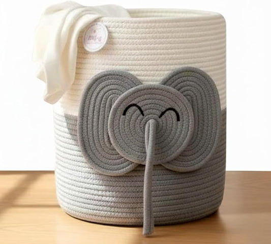 Large Laundry Basket for Kids & Toy Storage Organizer | Woven Cotton Rope Bin for Stuffed Plushies | Cute Elephant Animal Design Hamper with Cutout Handles for Nursery, Playroom & More (Elephant)