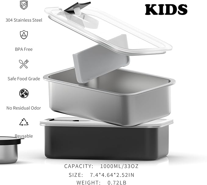 Stainless Steel Bento Lunch Box for Kids, 33oz Leak-Proof Lunch Box Containers, Microwave-Safe, with Adjustable Divider, Convenient Metal Lunchbox for School, Travel