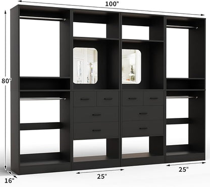 Unikito 100” Closet System with Drawers, 8.3FT Wood Closet Organizer with Hanging Rods and Mirror Design, Reversible Large Walk in Wardrobe Garment Rack with Shelves, Sturdy Closet Tower, Black