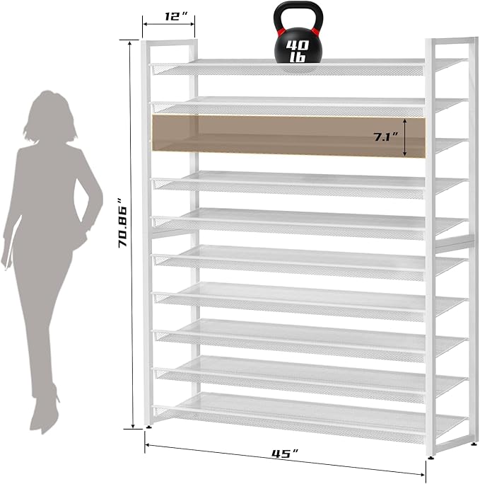 Metal Shoe Rack,Large 10 Tier Shoe Organizer, Heavy Duty Metal Stackable Shoe Storage Vertical Shoe Rack for Closet Front Door Entrance,Entryway,GarageUp to 62 Pairs,White