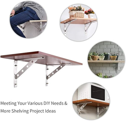 YUMORE Shelf Bracket 12", Stainless Steel Heavy Duty L Shaped Brackets Wall Mounted Floating Table Support with Hanging Holes Corner Brace 4mm Right Angle Joint Brackets, 2pcs, Max Load 400lbs