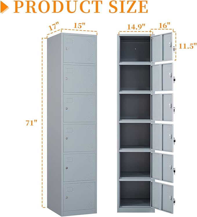 Metal Locker with 6 Doors, 71" Lockers for Employees Steel Storage Locker, Lockable Locker Cabinet for School, Gym, Home Office and Garage（Grey）