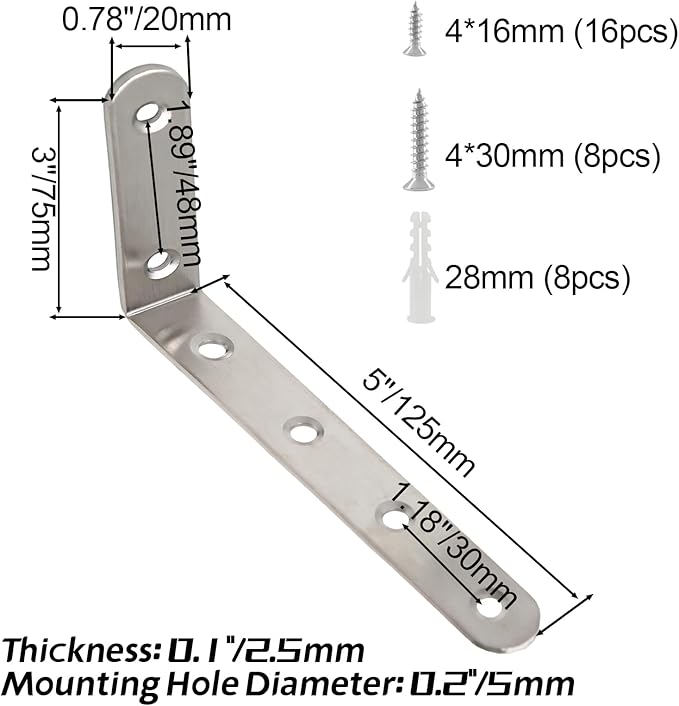 Luomorgo 4 Pcs L Shaped Brackets for Shelves, Heavy Duty Stainless Steel, Decorative Corner Brace Joint Right Angle Wall Hanging Bracket with Screws, 5 x 3 Inch, Silver