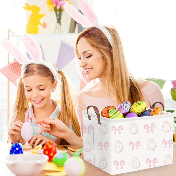 FXOLCSHE Rectangular Easter basket,Nursery Hamper,Collapsible waterproof baby toy storage box for Kids,Toy Organizer,Home Decor,Easter basket(Pink bow egg)
