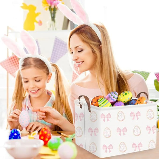 FXOLCSHE Rectangular Easter basket,Nursery Hamper,Collapsible waterproof baby toy storage box for Kids,Toy Organizer,Home Decor,Easter basket(Pink bow egg)