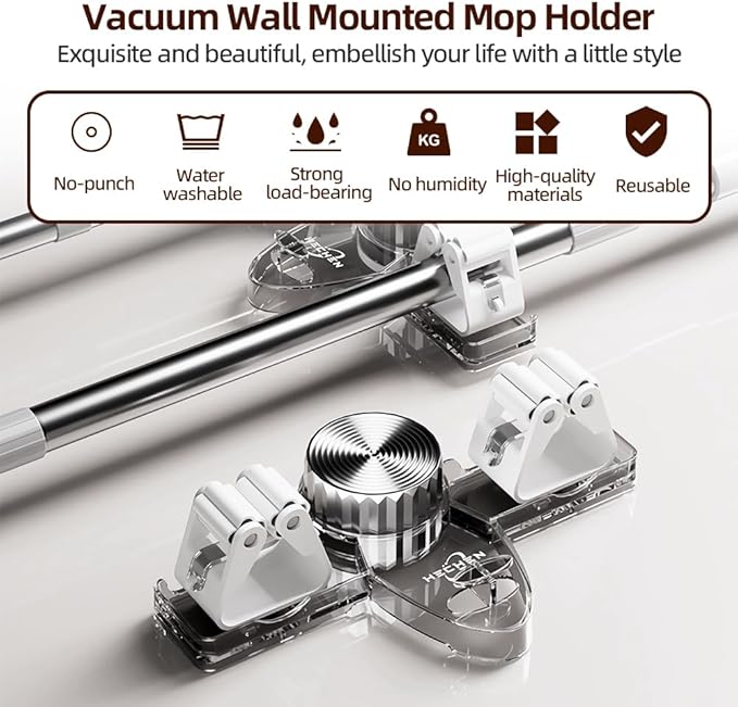 Broom Holder Mop Hanger, Wall Mount Mop Grippers, Self Adhesive Mop and Broom Holder Wall Mount, No Punching Required Broom Hanger Organizer for Bathroom, Kitchen, Utility Room, Laundry Room