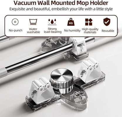 Broom Holder Mop Hanger, Wall Mount Mop Grippers, Self Adhesive Mop and Broom Holder Wall Mount, No Punching Required Broom Hanger Organizer for Bathroom, Kitchen, Utility Room, Laundry Room