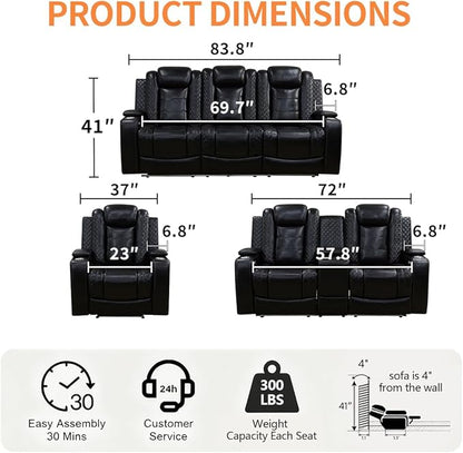 Black Leather Power Recliner Sofa Chair Sets with LED and Arm Storage, Leather Living Room Reclining Sofa, Power Recliner Living Room Furniture Sets with Reading Lights/LED/Cup Holders