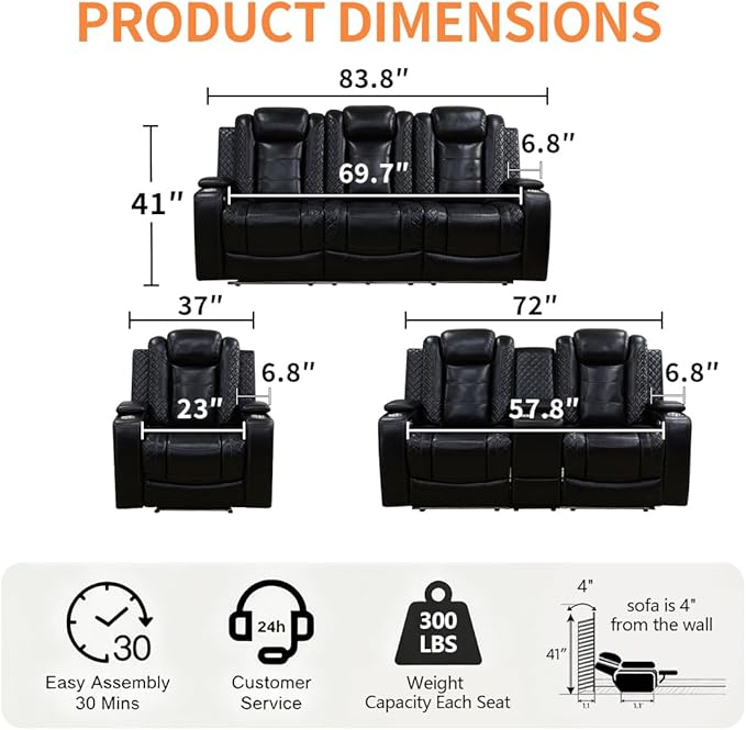 Black Leather Living Room Furniture Set,Power Theater Recliner Chair with Arm Storage and LED Lights, Reclining with Power Headrest and Cup Holders for Living Room/Home/Office