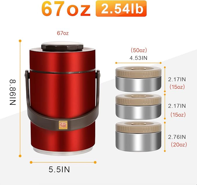 67oz Thermo for Hot Food,3-Layer Sealed Stackable Food Thermo,with Lunch Bag Soup Thermo,It Is Suitable for Daily Office Meals and Outdoor Meals (67 oz Red)