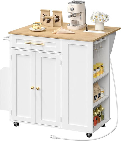 Kitchen Island with Storage, Rolling Kitchen Table with Drop Leaf, Charging Station, 3 Open Adjustable Shelf & Drawer, Towel Rack, Mobile Kitchen Cart for Dining Room, White and Natural
