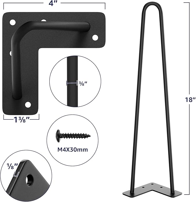 SMARTSTANDARD 18 Inch Heavy Duty Hairpin Furniture Legs, Metal Home DIY Projects for Nightstand, Coffee Table, Desk, etc with Rubber Floor Protectors Black 4PCS