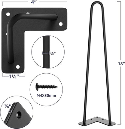SMARTSTANDARD 18 Inch Heavy Duty Hairpin Furniture Legs, Metal Home DIY Projects for Nightstand, Coffee Table, Desk, etc with Rubber Floor Protectors Black 4PCS