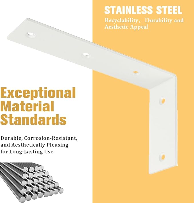 Alise Floating Shelf Brackets Heavy Duty L-Shaped Wall Brackets - White Angle Corner Braces for Shelves, Stainless Steel Reinforced Shelf Support Bracket for Wooden Boards 9x5 Inch,Pack of 4