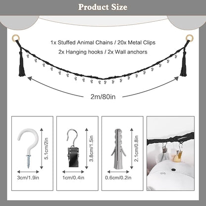 1/2 pcs 80" Cotton Hanging Storage Chain For Stuffed Animals Storage with 20 Metal Clips, Stuffed Animal Organizer Chain for Wall Corner Nursery Play Room, Black