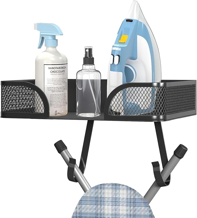 Ironing Board Holder Wall Mount, Ironing Board Hanger, Laundry Room Decor Organization and Storage with Large Storage Grid Base Basket and Hooks(T&V Shaped)
