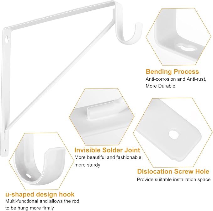 4 Pack Heavy Duty Closet Rod Brackets Holder 11 x 11 x 1 Inch White Closet Rod Support Bracket Black Steel Closet Rod Holders for Hanging Clothes Rod Support Brackets (White - 4Pack)