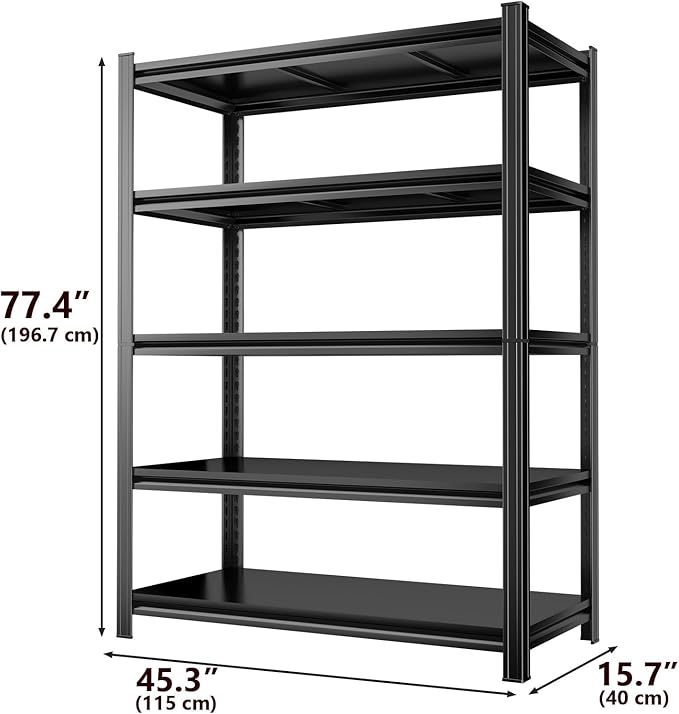 Metal Garage Shelving Unit 5-Tier Adjustable Heavy Duty Storage Shelves, 3000 lbs Capacity Steel Garage Storage Rack Organizer for Garage Basement Warehouse, Black 45.3" W x 15.7" D x 77.4" H
