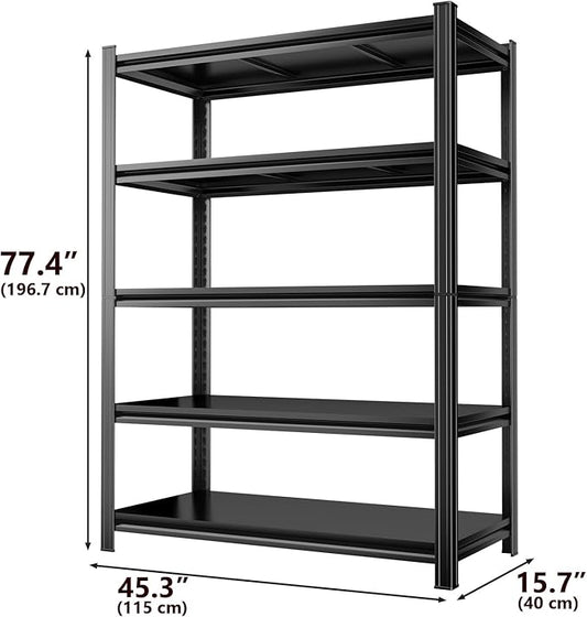 Metal Garage Shelving Unit 5-Tier Adjustable Heavy Duty Storage Shelves, 3000 lbs Capacity Steel Garage Storage Rack Organizer for Garage Basement Warehouse, Black 45.3" W x 15.7" D x 77.4" H