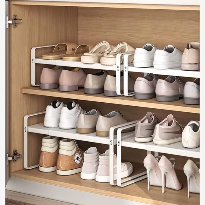 Expandable 1-Tier Metal Shoe Rack (H:7"), Adjustable Width 14.9"-23.6", Heavy-Duty Stackable Free-Standing Shoe Shelf for Closet & Entryway – 2-Pack Set